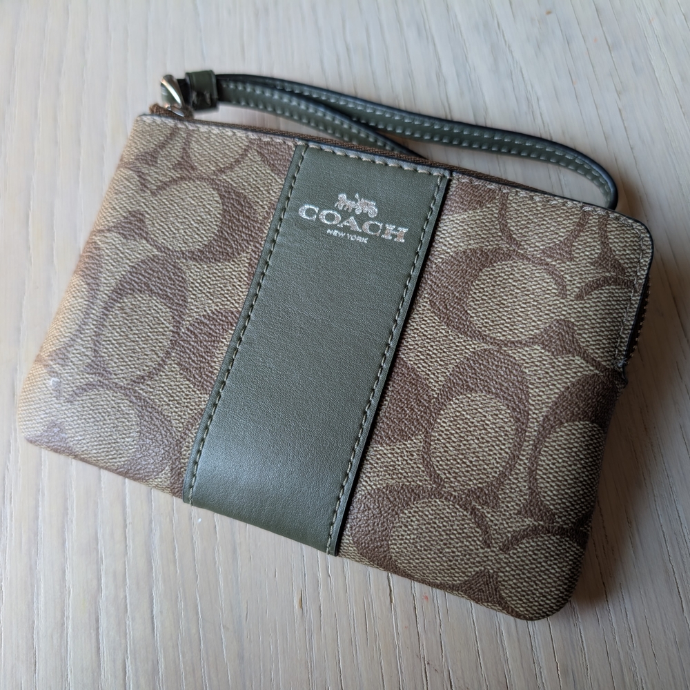 Coach Green & Brown Signature Wristlet LIKE NEW